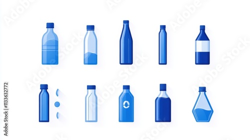 39.Set of blue-colored water bottle icons with a range of bottle cap designs and sizes, each icon in a minimalist flat style, arranged neatly against a white background.