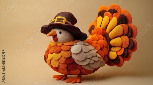 Colorful felt turkey wears pilgrim hat. Autumnal colors orange brown yellow. Thanksgiving theme. Ideal decoration. Perfect for personalized messages. Thanksgiving, fall, holiday, autumn, decor, felt, photo