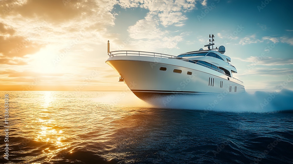 A large and luxurious yacht is gently floating on top of a vast body of water A large and luxurious yacht is gently floating on top of a vast body of water