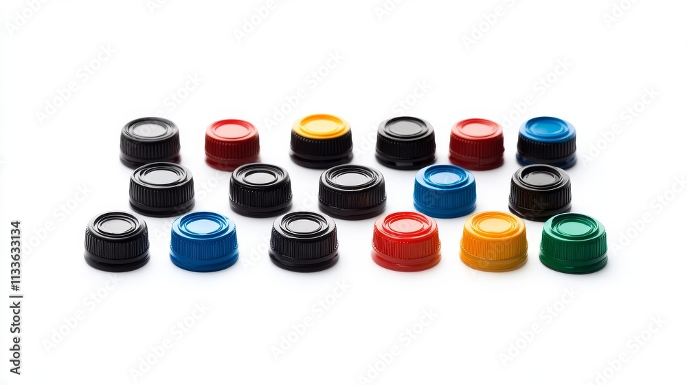 61.Concept 1: Different color bottle caps, excellent raw material for recycling. Composition with plastic bottles and caps isolated on white