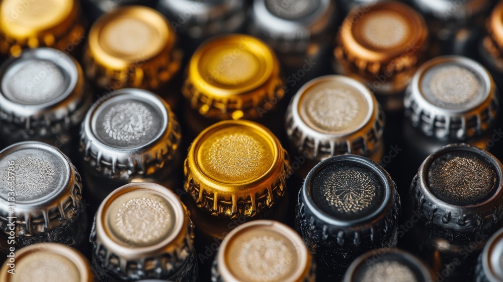 28.Close-up of metallic bottle caps with vintage style designs for beverages, including gold, silver, and copper-toned caps, displayed in a well-lit, minimal background. 28.Close-up of metallic bottle caps with vintage style designs for beverages, including gold, silver, and copper-toned caps, displayed in a well-lit, minimal background.