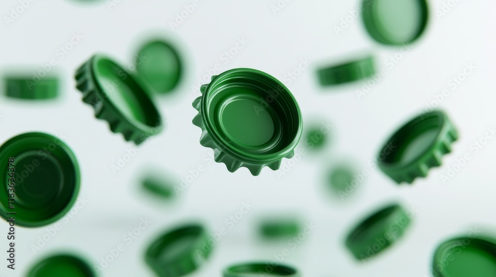 95.Close-up of several green plastic bottle caps in mid-air, arranged dynamically against a white background with faint recycling icons, highlighting themes of sustainability. 95.Close-up of several green plastic bottle caps in mid-air, arranged dynamically against a white background with faint recycling icons, highlighting themes of sustainability.