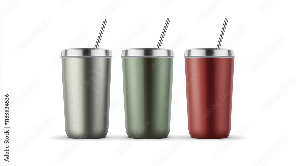 67.Concept 2: Stainless steel reusable drink container set. Vector mock-up. Tumbler thermo cup with lid and metal drinking straw, insulated water bottles. Realistic mockup 67.Concept 2: Stainless steel reusable drink container set. Vector mock-up. Tumbler thermo cup with lid and metal drinking straw, insulated water bottles. Realistic mockup