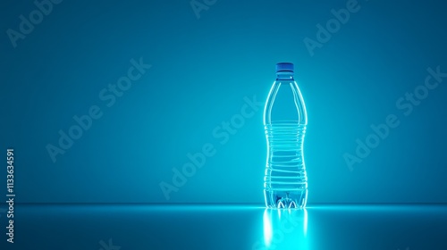 114.A stylized neon water bottle symbol glowing brightly on a smooth gradient blue background, positioned centrally at the bottom, with light blue hues evoking a tranquil skyline. photo