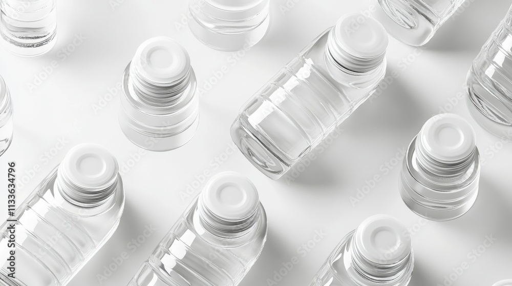 36.Close-up vector design of multiple water bottles with precise detailing on the caps, ridges, and labels, creating a lifelike, transparent effect on a pure white background.