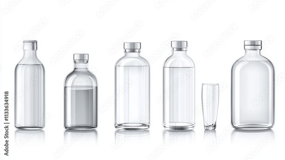 35.Detailed vector illustration of water bottles in various heights and styles, with clear, high-gloss finishes and reflections that add a realistic look on a clean white backdrop. 35.Detailed vector illustration of water bottles in various heights and styles, with clear, high-gloss finishes and reflections that add a realistic look on a clean white backdrop.