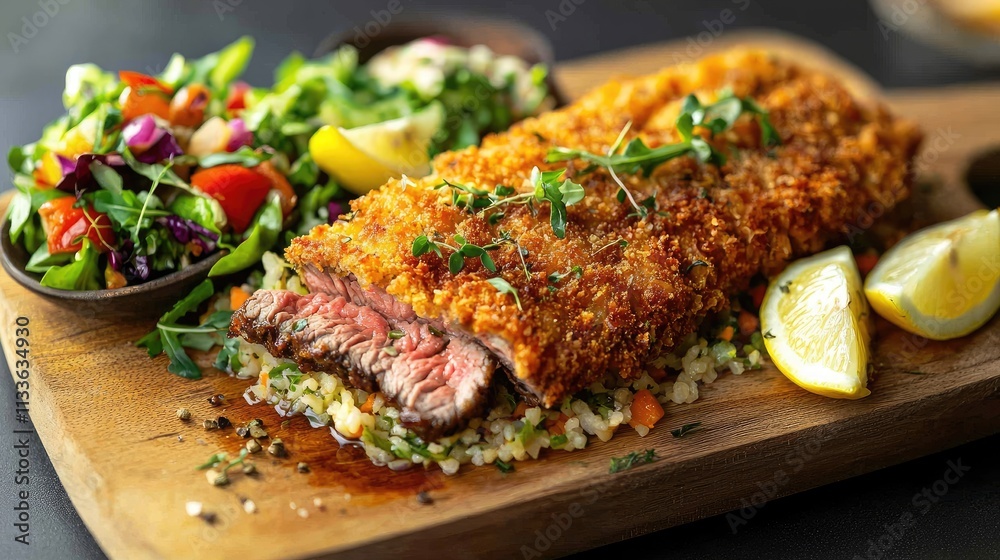 Delicious Crispy Breaded Steak with Fresh Salad and Lemon Wedges on Wooden Board Delicious Crispy Breaded Steak with Fresh Salad and Lemon Wedges on Wooden Board