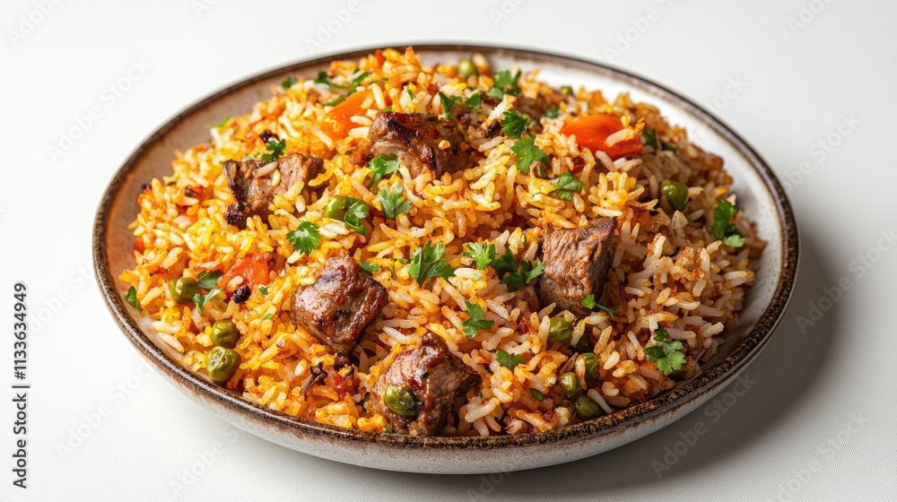 Delicious Plate of Spicy Biryani Rice with Tender Beef and Fresh Vegetables Garnished with Cilantro on a White Background Delicious Plate of Spicy Biryani Rice with Tender Beef and Fresh Vegetables Garnished with Cilantro on a White Background
