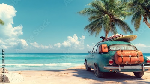 A car with a surfboard securely mounted on top of it is parked on the beach
