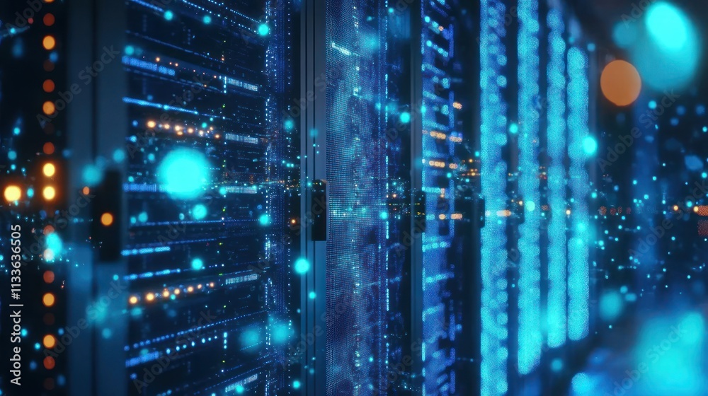 A digital server room with illuminated data racks and floating particles. A digital server room with illuminated data racks and floating particles.