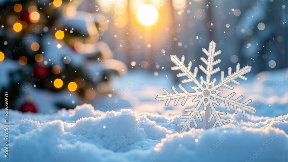 Naklejka premium Crystal Clear Snowflake on Snowy Ground with Christmas Decorations in the Background under Sunlight