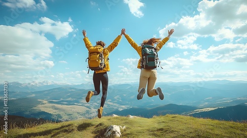 A man and a woman are joyfully jumping together in the air on top of a mountain