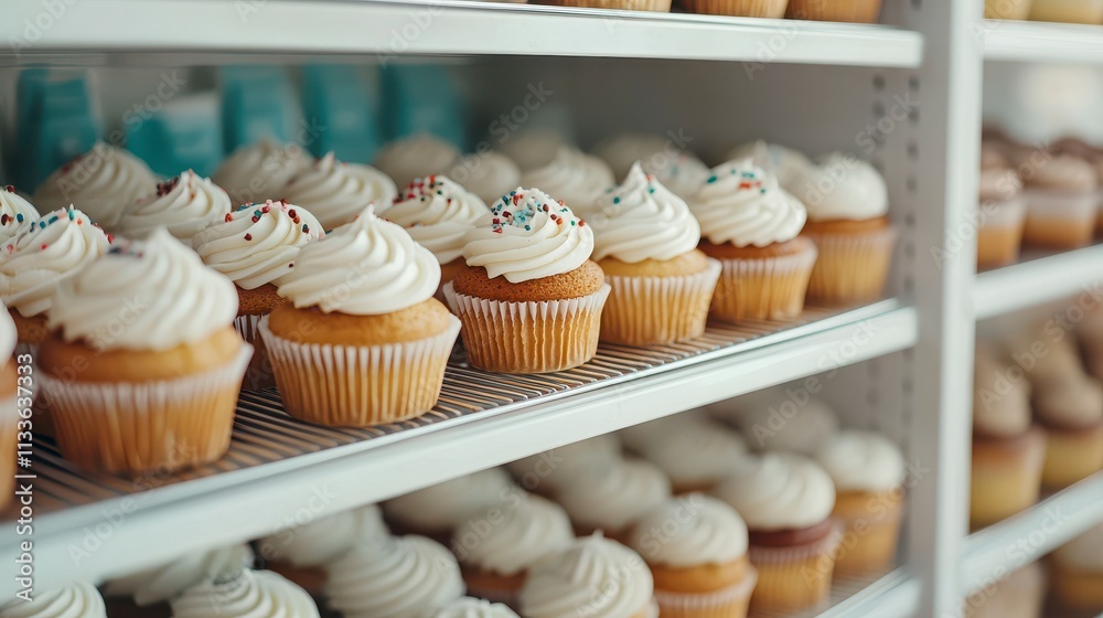 Delicious Cupcakes Displayed on Shelves in a Refrigerator Delicious Cupcakes Displayed on Shelves in a Refrigerator