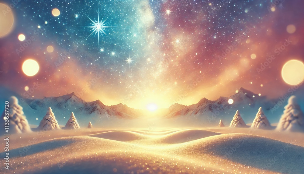 Golden Glow of Winter: A Radiant Starry Sky Over a Tranquil Snowy Landscape Golden Glow of Winter: A Radiant Starry Sky Over a Tranquil Snowy Landscape