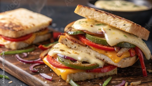 A tight shot of two overlapping dairyfree cheese slices elegantly melting into a meltinyourmouth sandwich the cheese glistening with a hint of steam surrounded by vibrant photo