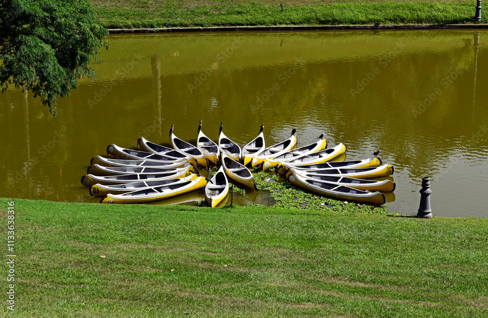 Canoes parked on lake in Rio de Janeiro, Brazil