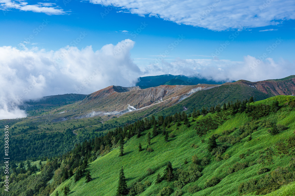 Spectacular view of Mt. Shirane in summer from Shibu Pass, Shiga Kogen. Spectacular view of Mt. Shirane in summer from Shibu Pass, Shiga Kogen.