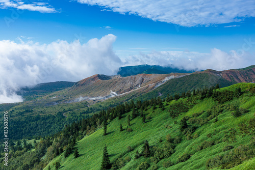 Spectacular view of Mt. Shirane in summer from Shibu Pass, Shiga Kogen. photo