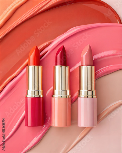 Three lipsticks on texture of lipstick smears or acrylic paint. Lipstick texture background. Cosmetic product mockup. Ai generated