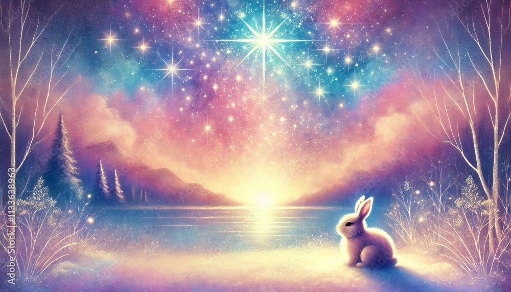 Serene Winter Magic: A Rabbit's Tranquil View of a Multicolored Starry Sky with Purple Light Serene Winter Magic: A Rabbit's Tranquil View of a Multicolored Starry Sky with Purple Light
