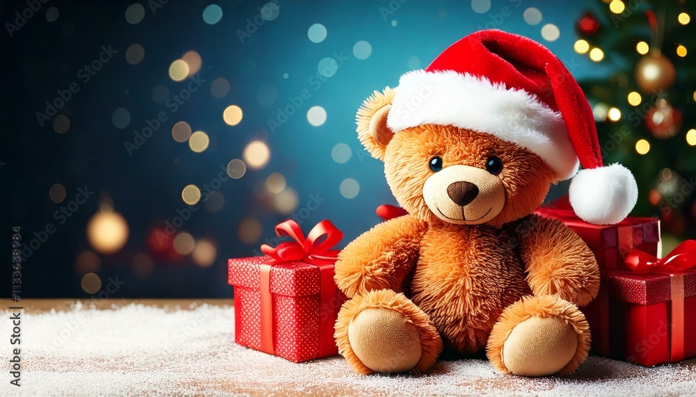 Greeting Christmas card Cute Teddy Bear in a Santa hat with gifts Greeting Christmas card Cute Teddy Bear in a Santa hat with gifts