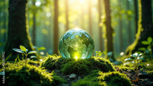 Earth Day : Green Earth in the Forest with Moss and Abstract Sunlight in a Defocused Effect