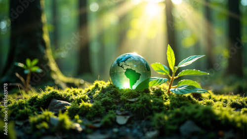 Earth Day : Green Earth in the Forest with Moss and Abstract Sunlight in a Defocused Effect