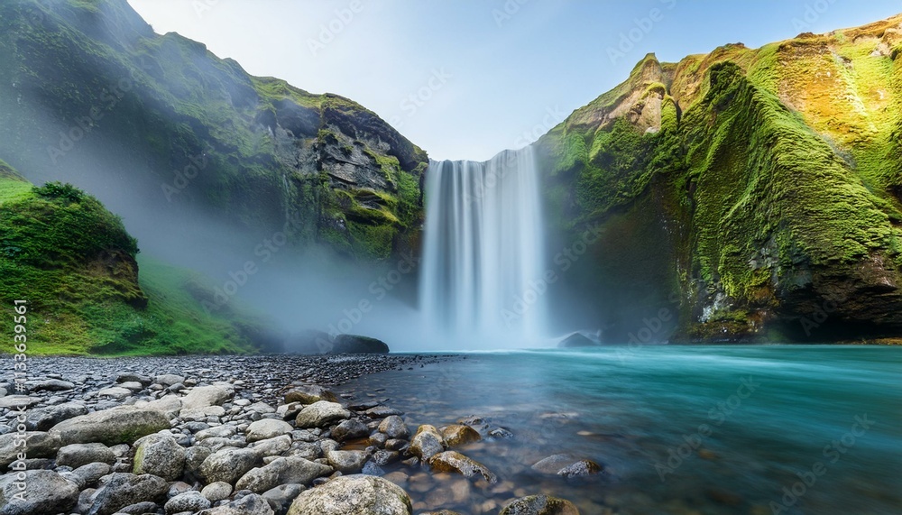 Obraz premium Majestic waterfall cascading down moss-covered cliffs.