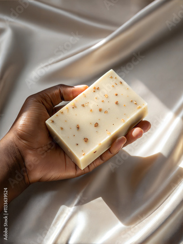 Hand holding piece of natural soap on satin background. Handmaid exfoliant soap sugar. Skin treatment concept. Ai generated image photo