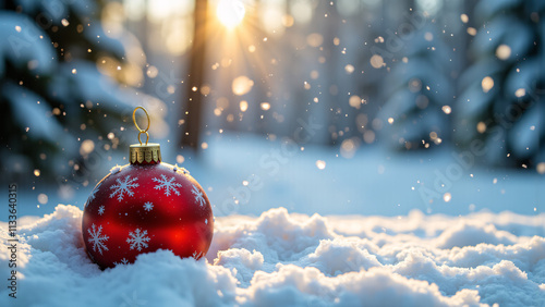 Christmas Decorations in Snow Bathed in Winter Sun
