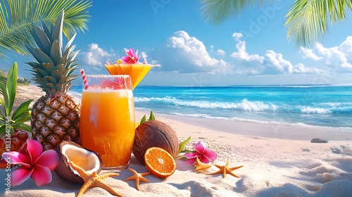 A tropical beach with pineapples, coconuts, oranges, and flowers
