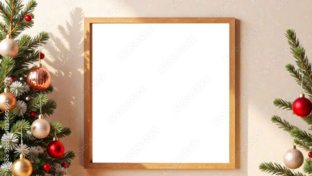 Obraz premium wooden frame hangs on wall next to decorated christmas tree covered in mocha mousse colors