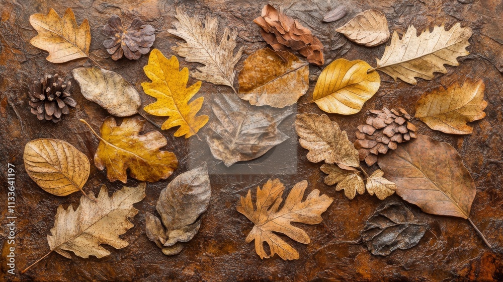 89.Assortment of brown and yellow leaves with distinct textures, lying on a rustic brown surface, emphasizing natural fall colors and a warm seasonal feel. 89.Assortment of brown and yellow leaves with distinct textures, lying on a rustic brown surface, emphasizing natural fall colors and a warm seasonal feel.