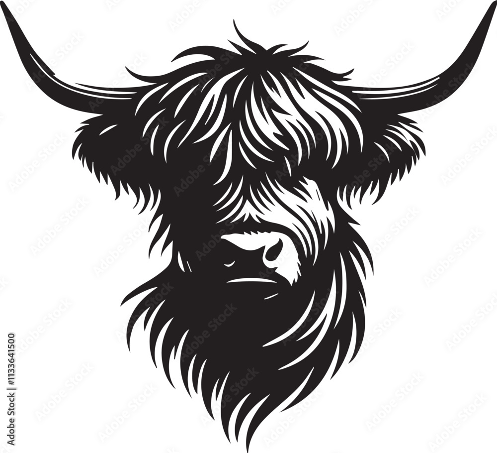 Fototapeta premium Minimalist Highland Cow head silhouette with bold clean lines vector silhouette