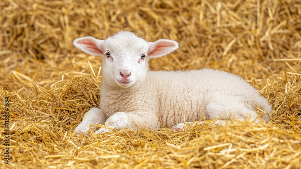 Cute lamb resting on straw in a cozy barn during the day Cute lamb resting on straw in a cozy barn during the day