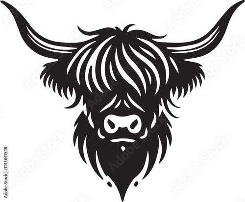 Minimalist Highland Cow head silhouette with bold clean lines vector silhouette