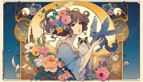 A cel-style illustration of a cat and a girl.generated by AI.