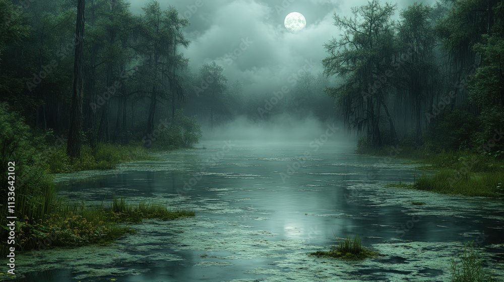 Moonlit swamp, misty river, dark forest. Moonlit swamp, misty river, dark forest.