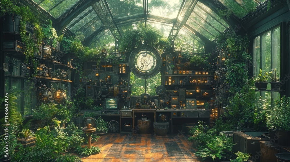 Lush greenhouse, overgrown steampunk laboratory. Lush greenhouse, overgrown steampunk laboratory.