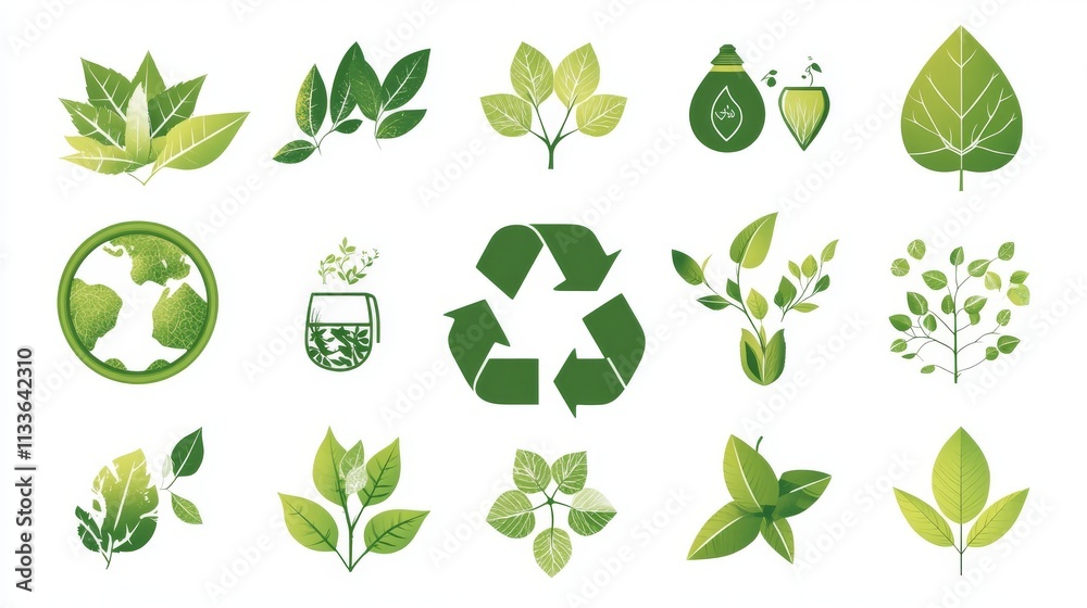 48.Collection of green leaf symbols in a cohesive style, each icon representing nature, sustainability, and eco-friendly values, set against a white background for clarity. 48.Collection of green leaf symbols in a cohesive style, each icon representing nature, sustainability, and eco-friendly values, set against a white background for clarity.