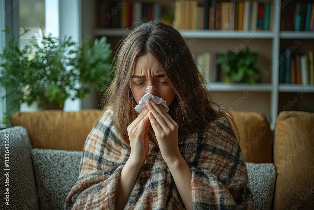 Young woman indoors blowing her nose. She sits comfortably on couch wrapped in plaid blanket. Cozy interior setting with bookshelves and plants. Woman is unwell. Indoor scene of someone feeling ill. Young woman indoors blowing her nose. She sits comfortably on couch wrapped in plaid blanket. Cozy interior setting with bookshelves and plants. Woman is unwell. Indoor scene of someone feeling ill.