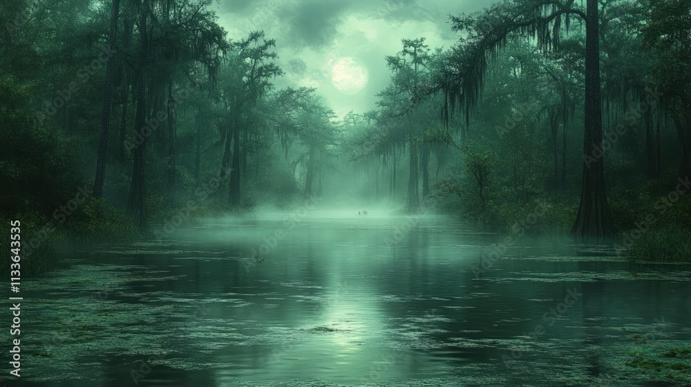 Fototapeta premium Misty swamp river, moonlit, figures in canoe.