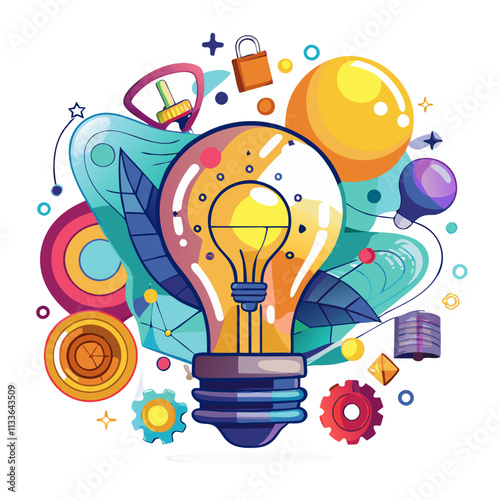 Bright light bulb symbolizes the struggle of creativity amid a colorful array of abstract ideas and tools for innovation