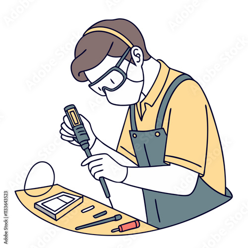 Male character engaged in soldering activity while wearing safety gear in a workshop environment