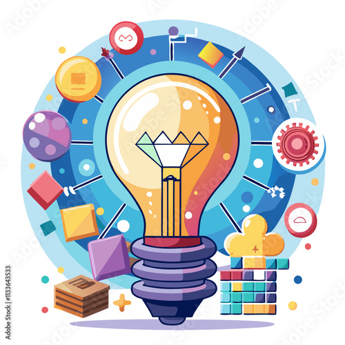 Creative light bulb symbolizes the struggle of finding inspiration and innovative ideas in a colorful design