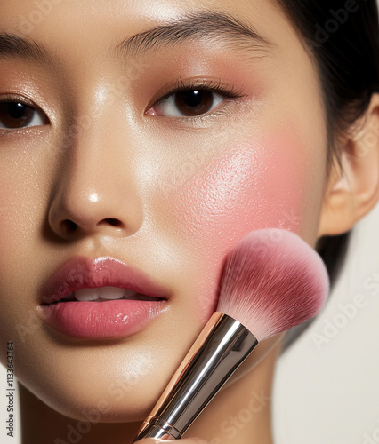 Young beautiful Asian woman applying pink blush on her skin with brush