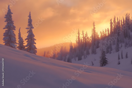 Snow-covered trees in a wintry landscape stretching across the horizon, evoking a serene winter atmosphere