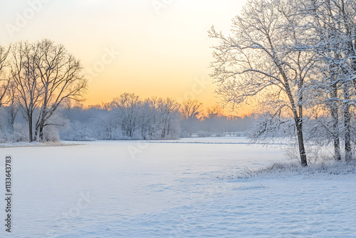 Wallpaper Mural A wintry landscape with snow-covered trees stretching across the horizon, showcasing a tranquil winter scene Torontodigital.ca