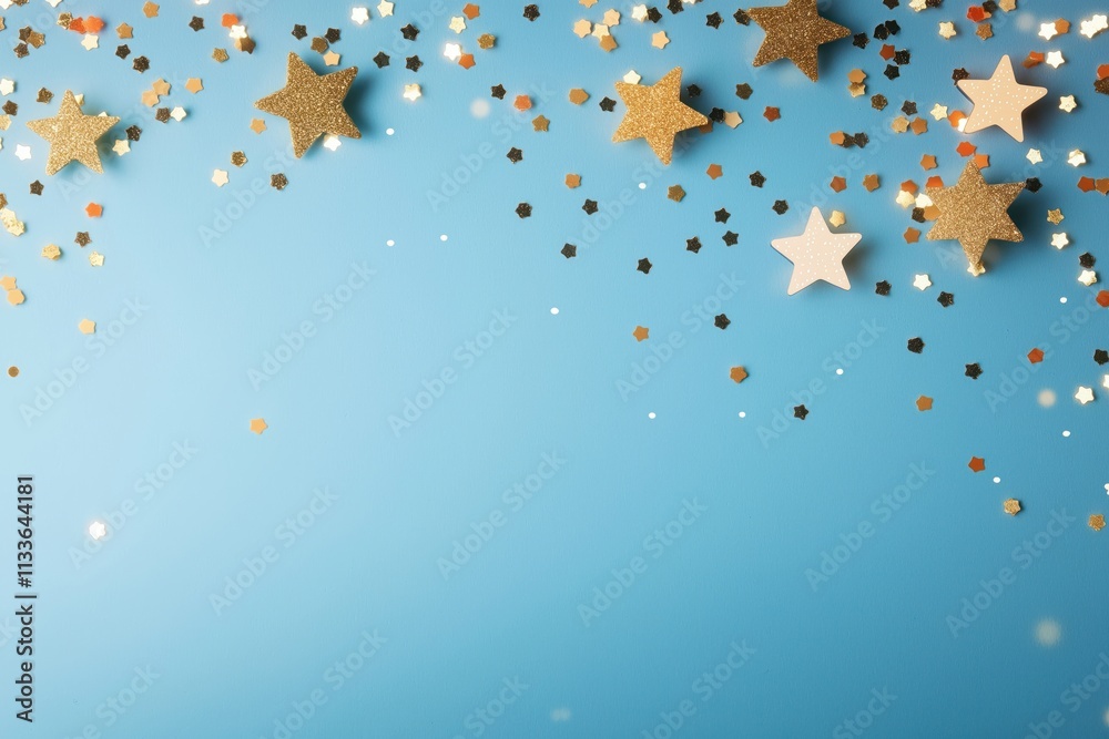 Colorful confetti, glitter stars on light blue background create festive, minimal flat lay design perfect for holiday greeting card social media post. Image provides ample copy space for text