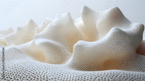 Abstract 3D rendering of a porous, undulating, cream-colored surface with textured peaks and valleys.